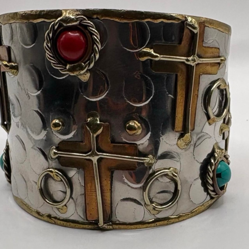 Artisan Mixed Metal Cross Cuff Bracelet Turquoise Coral Southwestern Brutalist - Picture 6 of 8